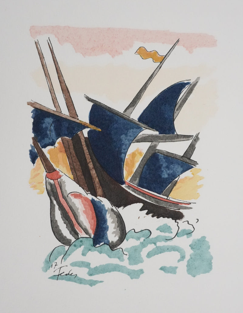 Adolphe FEDER : Navire dans les flots, Lithographie originale signée