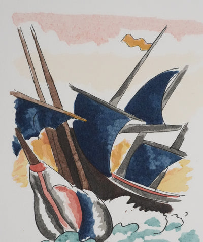 Adolphe FEDER : Navire dans les flots, Lithographie originale signée