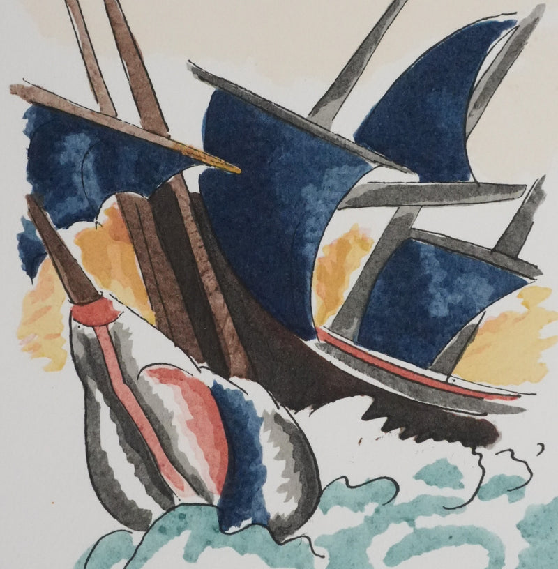 Adolphe FEDER : Navire dans les flots, Lithographie originale signée