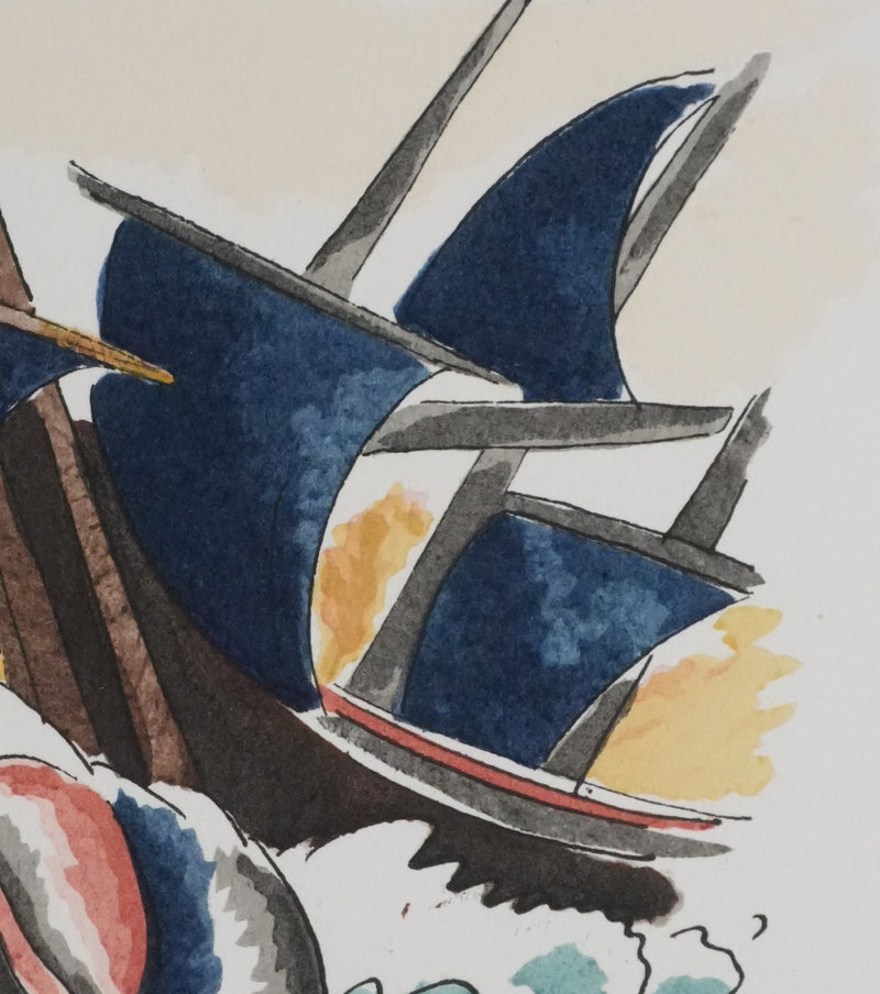 Adolphe FEDER : Navire dans les flots, Lithographie originale signée