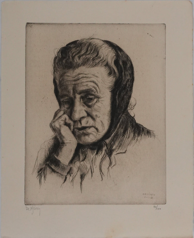 François DE HERAIN : La veille femme mélancolique, Gravure originale signée