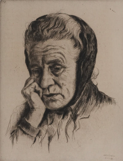 François DE HERAIN : La veille femme mélancolique, Gravure originale signée