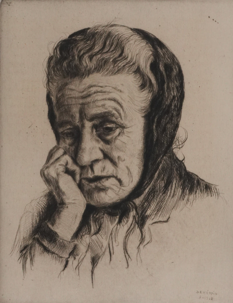 François DE HERAIN : La veille femme mélancolique, Gravure originale signée