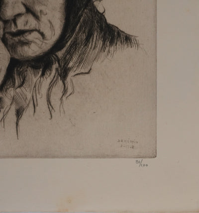 François DE HERAIN : La veille femme mélancolique, Gravure originale signée