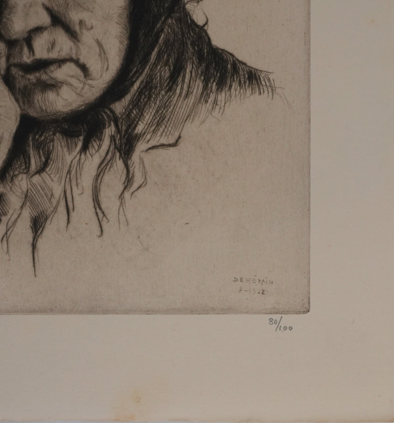 François DE HERAIN : La veille femme mélancolique, Gravure originale signée
