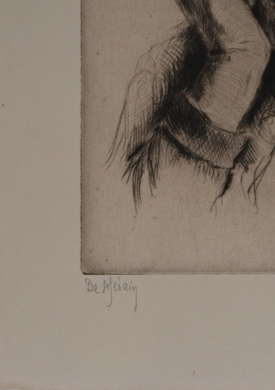 François DE HERAIN : La veille femme mélancolique, Gravure originale signée