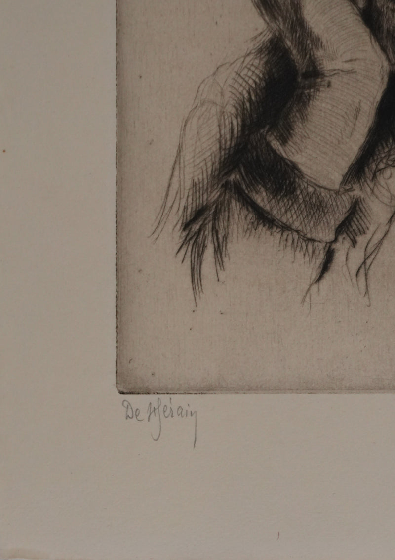 François DE HERAIN : La veille femme mélancolique, Gravure originale signée