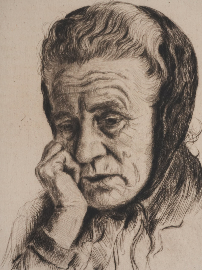 François DE HERAIN : La veille femme mélancolique, Gravure originale signée