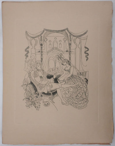 Louis TOUCHAGUES : Discussion près de la fontaine, Gravure originale