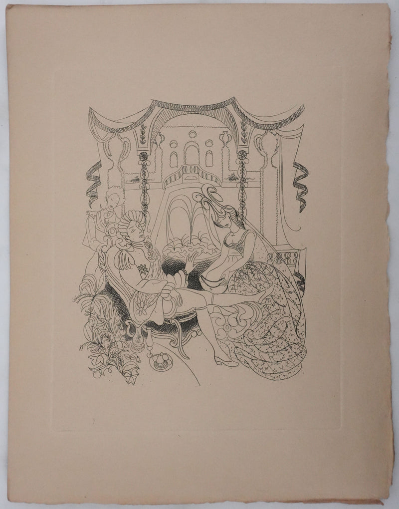 Louis TOUCHAGUES : Discussion près de la fontaine, Gravure originale