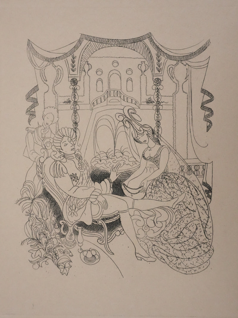 Louis TOUCHAGUES : Discussion près de la fontaine, Gravure originale