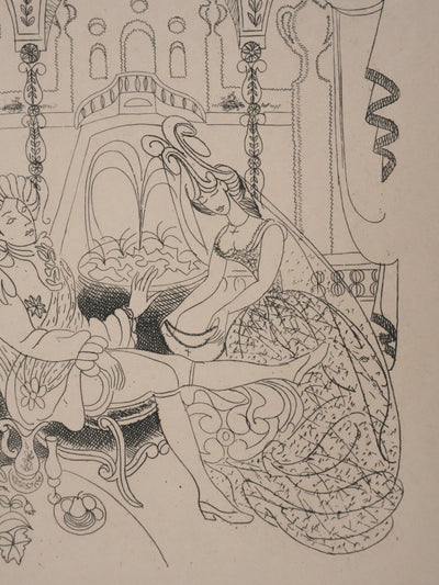 Louis TOUCHAGUES : Discussion près de la fontaine, Gravure originale