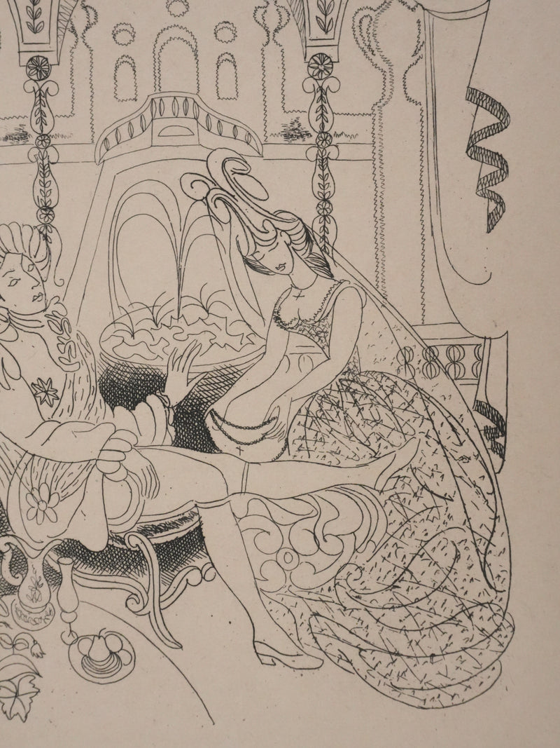 Louis TOUCHAGUES : Discussion près de la fontaine, Gravure originale