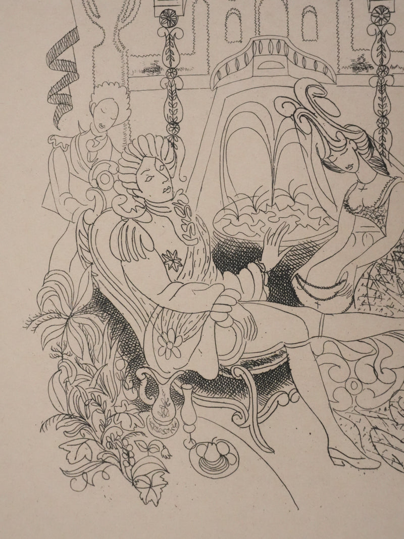 Louis TOUCHAGUES : Discussion près de la fontaine, Gravure originale