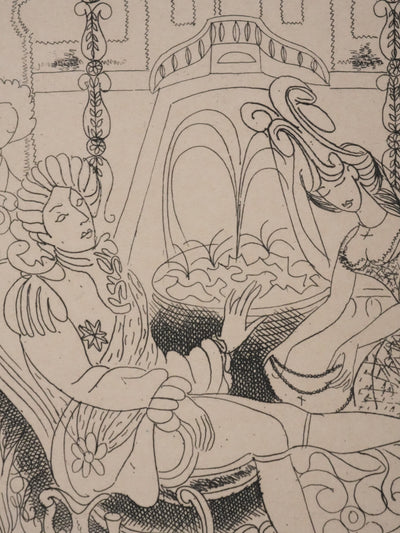 Louis TOUCHAGUES : Discussion près de la fontaine, Gravure originale