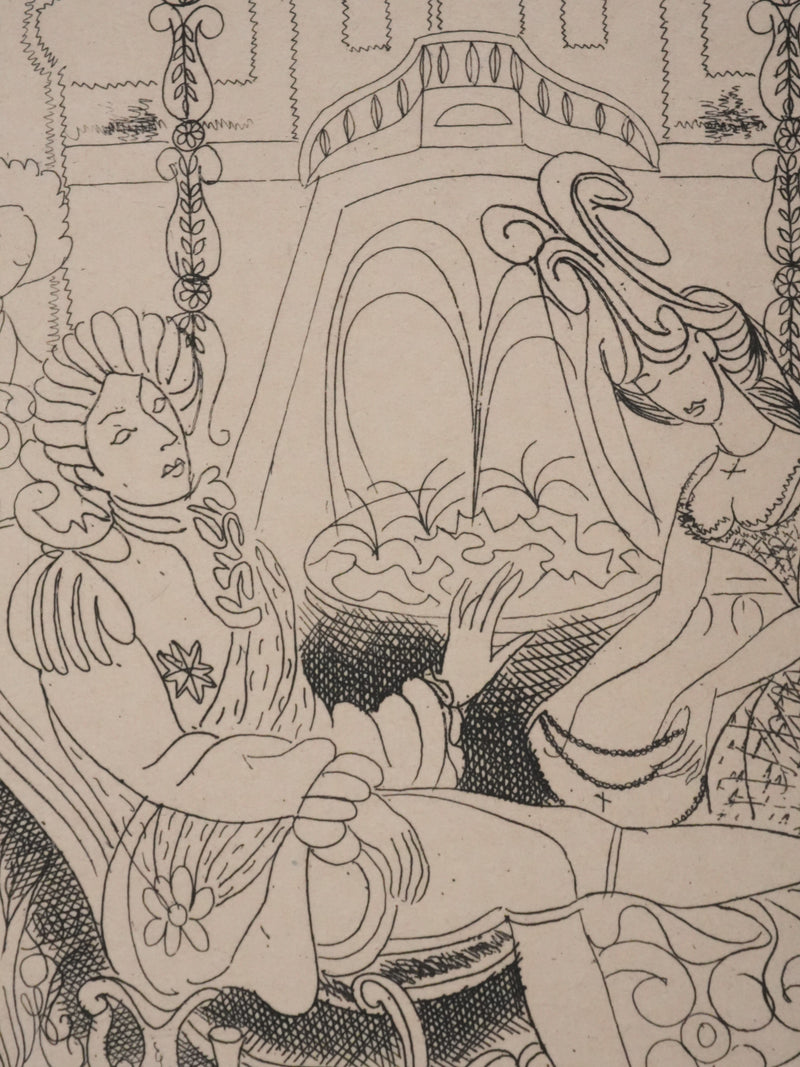 Louis TOUCHAGUES : Discussion près de la fontaine, Gravure originale