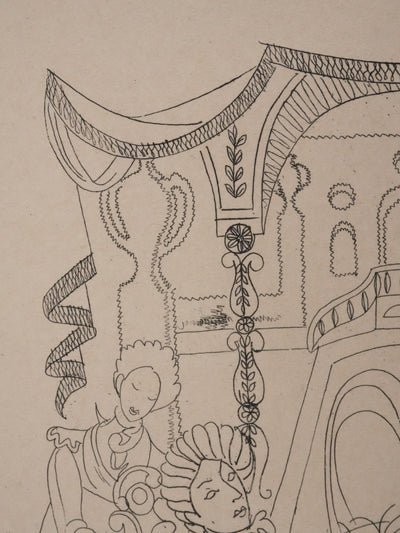 Louis TOUCHAGUES : Discussion près de la fontaine, Gravure originale