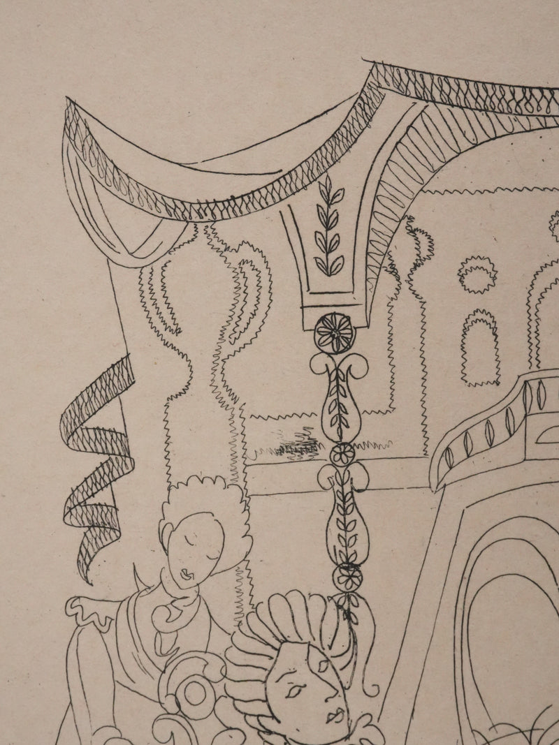 Louis TOUCHAGUES : Discussion près de la fontaine, Gravure originale