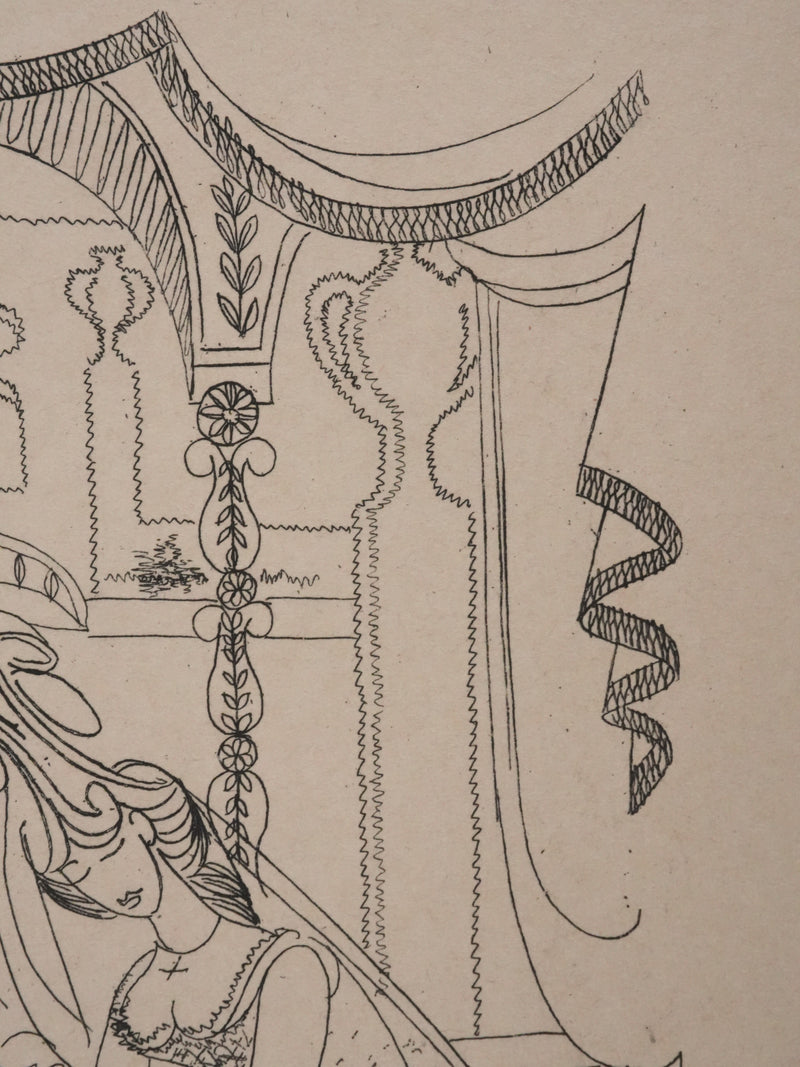 Louis TOUCHAGUES : Discussion près de la fontaine, Gravure originale