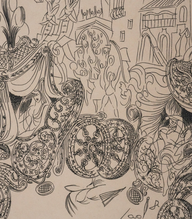 Louis TOUCHAGUES : La parade des carrosses, Gravure originale