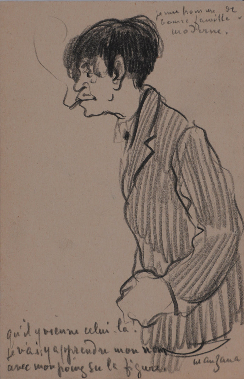 Georges MANZANA-PISSARRO : Jeune homme à la cigarette, Dessin original signé