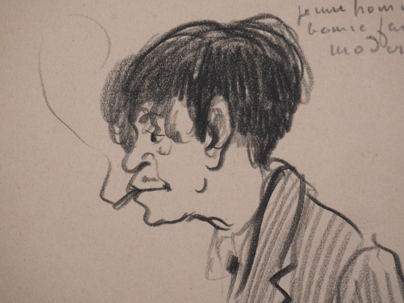 Georges MANZANA-PISSARRO : Jeune homme à la cigarette, Dessin original signé