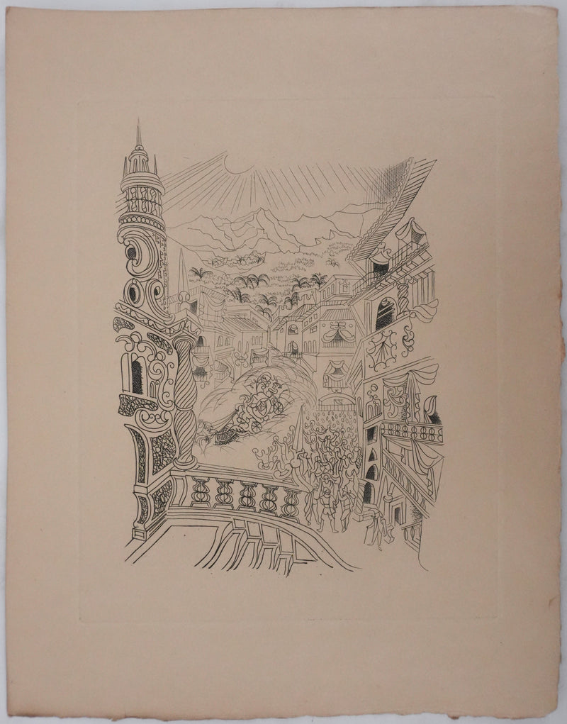 Louis TOUCHAGUES : Parade en ville, Gravure originale