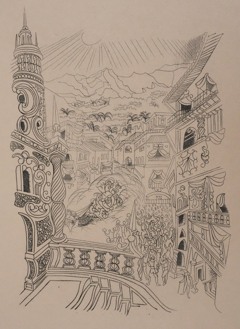 Louis TOUCHAGUES : Parade en ville, Gravure originale