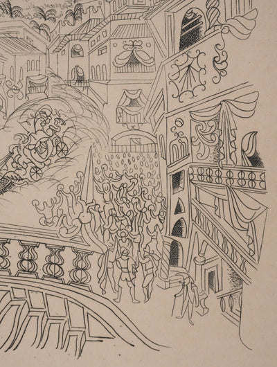 Louis TOUCHAGUES : Parade en ville, Gravure originale