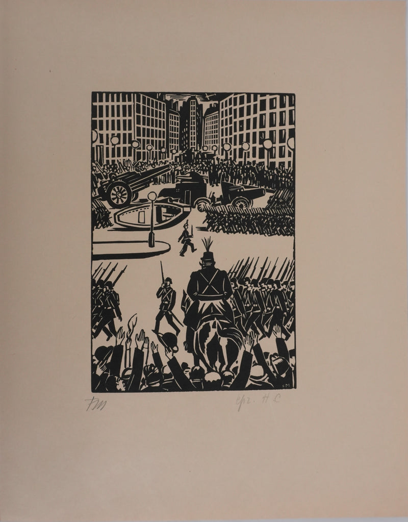 Frans MASEREEL : La parade militaire, Gravure originale signée