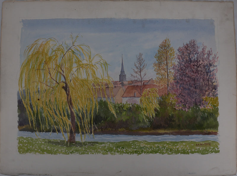 Salomon Alfred BOISECQ : Vue sur le clocher de Dangeau, Aquarelle originale signée