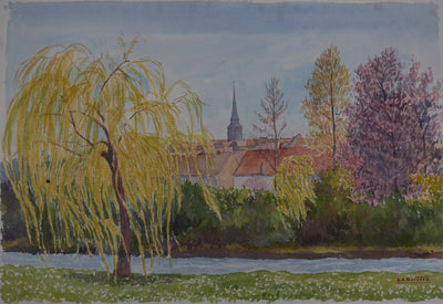 Salomon Alfred BOISECQ : Vue sur le clocher de Dangeau, Aquarelle originale signée