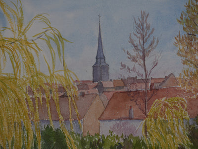 Salomon Alfred BOISECQ : Vue sur le clocher de Dangeau, Aquarelle originale signée