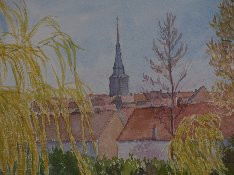 Salomon Alfred BOISECQ : Vue sur le clocher de Dangeau, Aquarelle originale signée