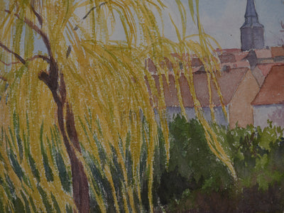 Salomon Alfred BOISECQ : Vue sur le clocher de Dangeau, Aquarelle originale signée