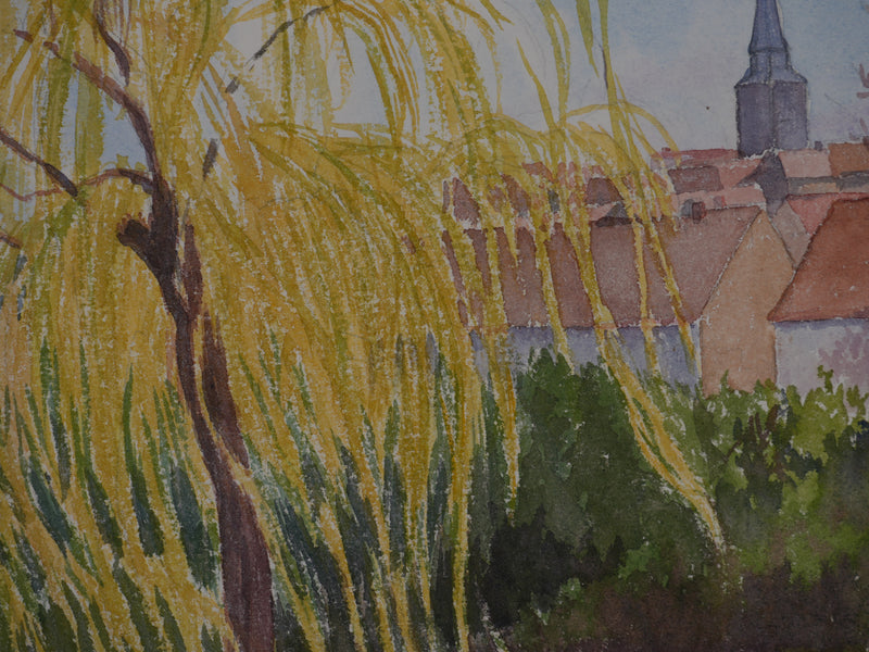 Salomon Alfred BOISECQ : Vue sur le clocher de Dangeau, Aquarelle originale signée