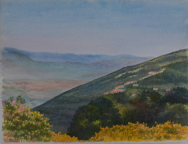 Salomon Alfred BOISECQ : Vue sur mer depuis la colline, Aquarelle originale signée