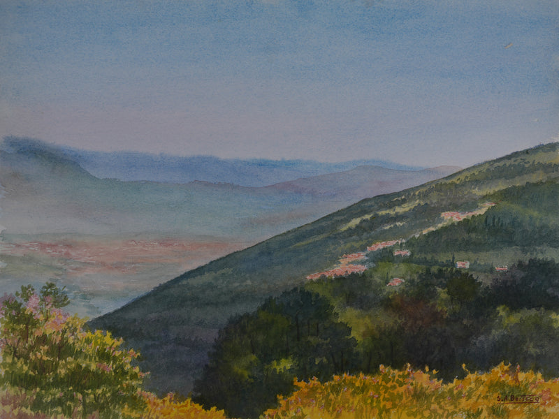 Salomon Alfred BOISECQ : Vue sur mer depuis la colline, Aquarelle originale signée
