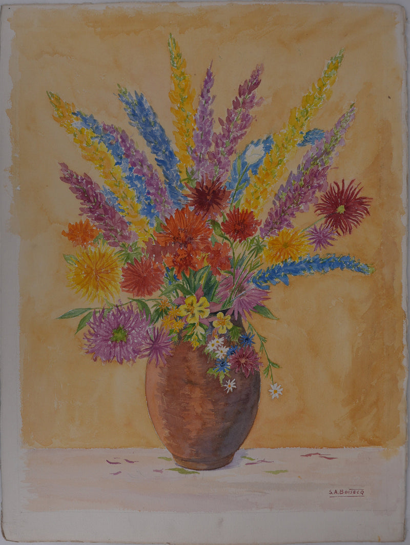 Salomon Alfred BOISECQ : Composition florale, Aquarelle originale signée