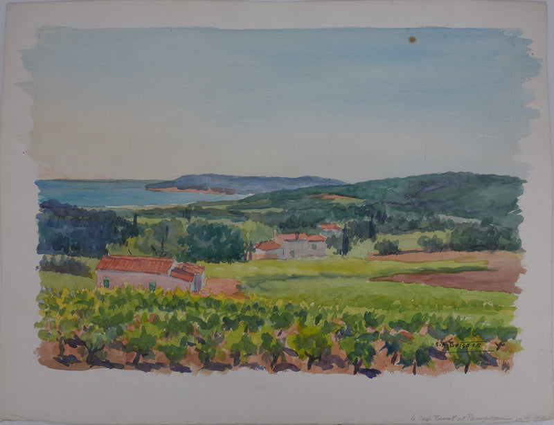 Salomon Alfred BOISECQ : Les vignes vue sur mer, Aquarelle originale signée