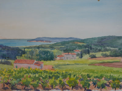 Salomon Alfred BOISECQ : Les vignes vue sur mer, Aquarelle originale signée