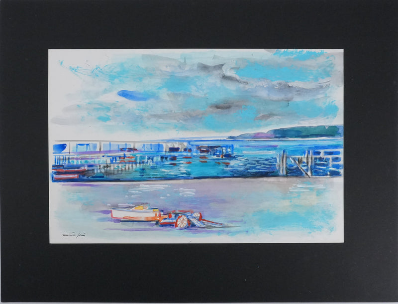 Maurice GENIS : Le port à marée basse, Aquarelle originale signée