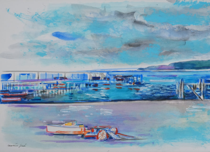 Maurice GENIS : Le port à marée basse, Aquarelle originale signée