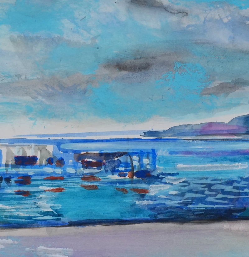Maurice GENIS : Le port à marée basse, Aquarelle originale signée
