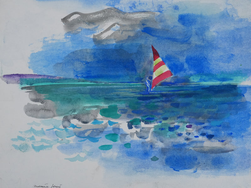 Maurice GENIS : La planche à voile, Aquarelle originale signée