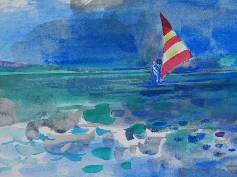 Maurice GENIS : La planche à voile, Aquarelle originale signée