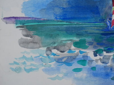 Maurice GENIS : La planche à voile, Aquarelle originale signée
