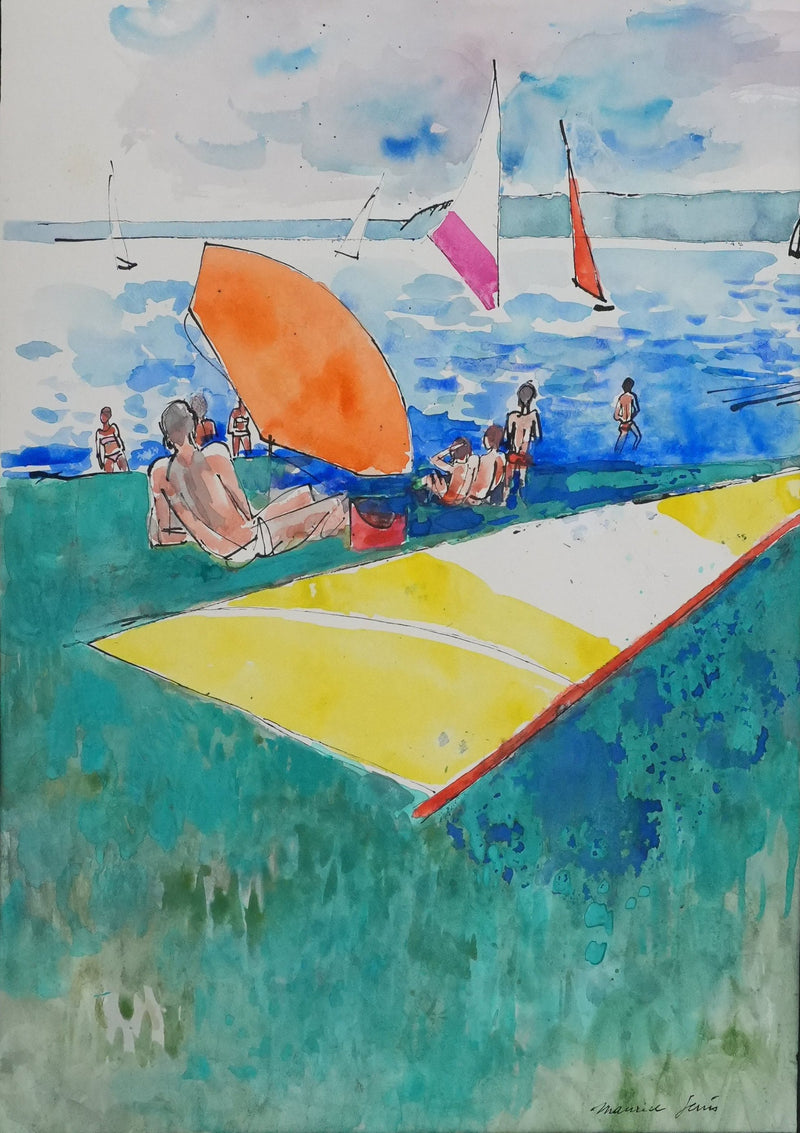 Maurice GENIS : Baignade et planche à voile, Aquarelle originale signée