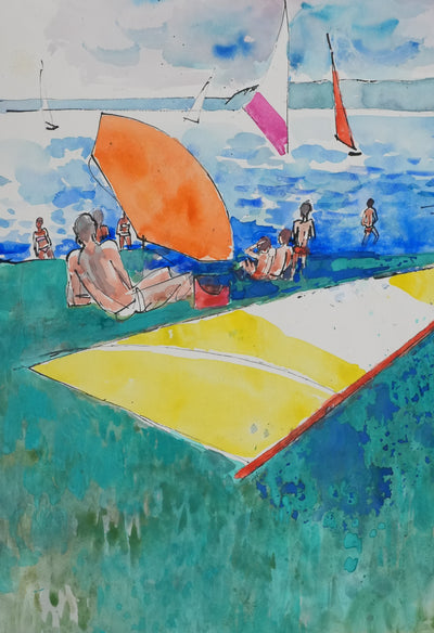 Maurice GENIS : Baignade et planche à voile, Aquarelle originale signée