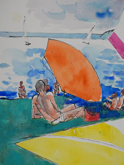 Maurice GENIS : Baignade et planche à voile, Aquarelle originale signée